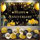Happy Anniversary Decorations Kit - 5.9x3.6Ft Banner & 18PCS Balloons, Black & Gold Backdrop for Wedding, Party Supplies - Men & Women