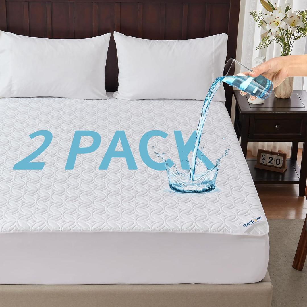 2 Pack Waterproof Mattress Protector, Queen Size Mattress Pad Noiseless with Deep Pocket 6"-18" Depth, Soft Breathable Dirt-Proof Bed Mattress Cover Washable for Home, Bedroom, Hotel White