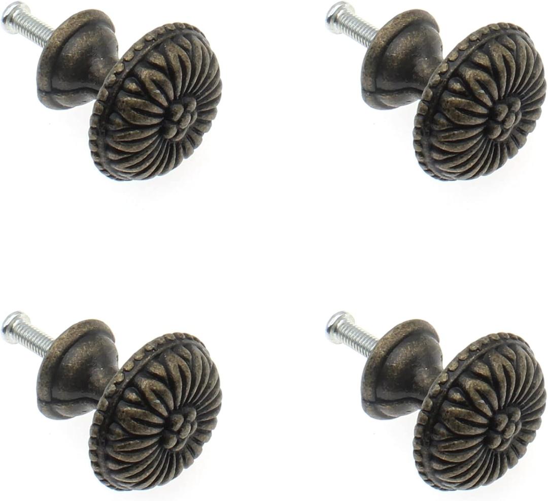 Antique Jewelry Box Pull Handle 4-Pack Retro Bronze Round Flower Pattern Pull Knobs & Mounting Screws for Cabinet Drawer Cupboard Wardrobe (1.1 x 1.0 inch)
