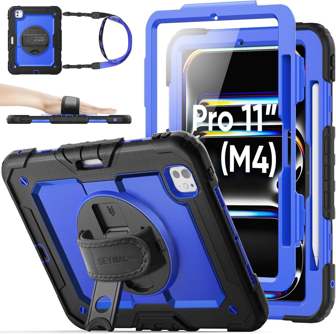 SEYMAC stock for iPad Pro 11 inch Protective Case M5 2025/M4 2024, Heavy Duty Case with Screen Protector, Pencil Holder, Rotating Stand, Hand Strap, Shoulder Strap, Blue