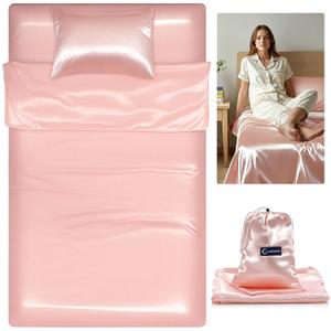 Irenare 3 Pack Polyester Self Tan Sleep Sack Set Cooling Sensation with Self Tan Pillowcase and Storage Bag Breathable Tanning Sheet Protector for Bed Travel Sleeping Bag Camping(Rose Gold)