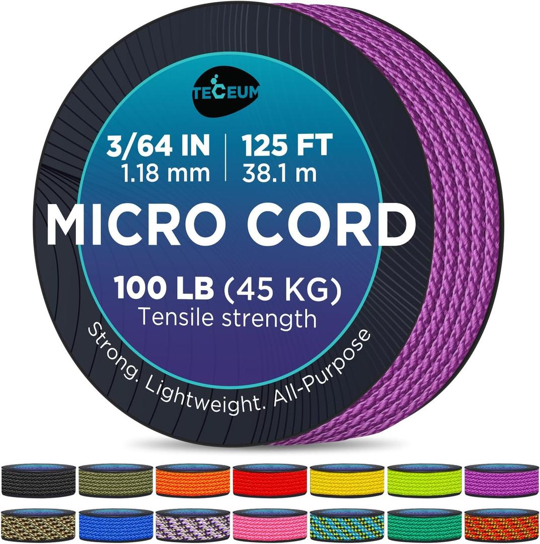 TECEUM Micro Paracord  1.18 mm X 125 ft  Micro Utility Cord  Thin Braided Paracord Rope  Best for Crafting, DIY Projects, Fishing, Camping  Wind Chime Replacement  Survival Strong String (Purple)