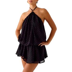 Womens Summer Casual Chiffon Halter Open Back Sun Dress Cute Y2k Going Out Sleeveless Tie Flowy Mini Sundresses (Black, S)