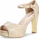 IDIFU Women's IN4 Mary Platform Chunky High Heels Sandals Peep Toe Dress Wedding Bridal Shoes For Women Bride Bridesmaid (11, Gold Glitter Classic)
