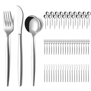 60 Piece Gold Silverware Set for 20, Stainless Steel Flatware Set with Thickened Knives Forks and Spoons, Mirror Finish Cutlery Set for Wedding, Parties, Restauroom, Silver