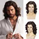 Long Hair Wig for Men Men's Brown Wig Natural Wavy Curly 70s 80s Rocker Cosplay Synthetic Wigs for Halloween Accessory(Brown)