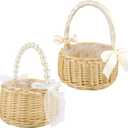 YIYA Wicker Flower Girl Basket with Pearl Handle Rattan Flower Basket for Outdoor Picnic Home Wedding Garden Decoration