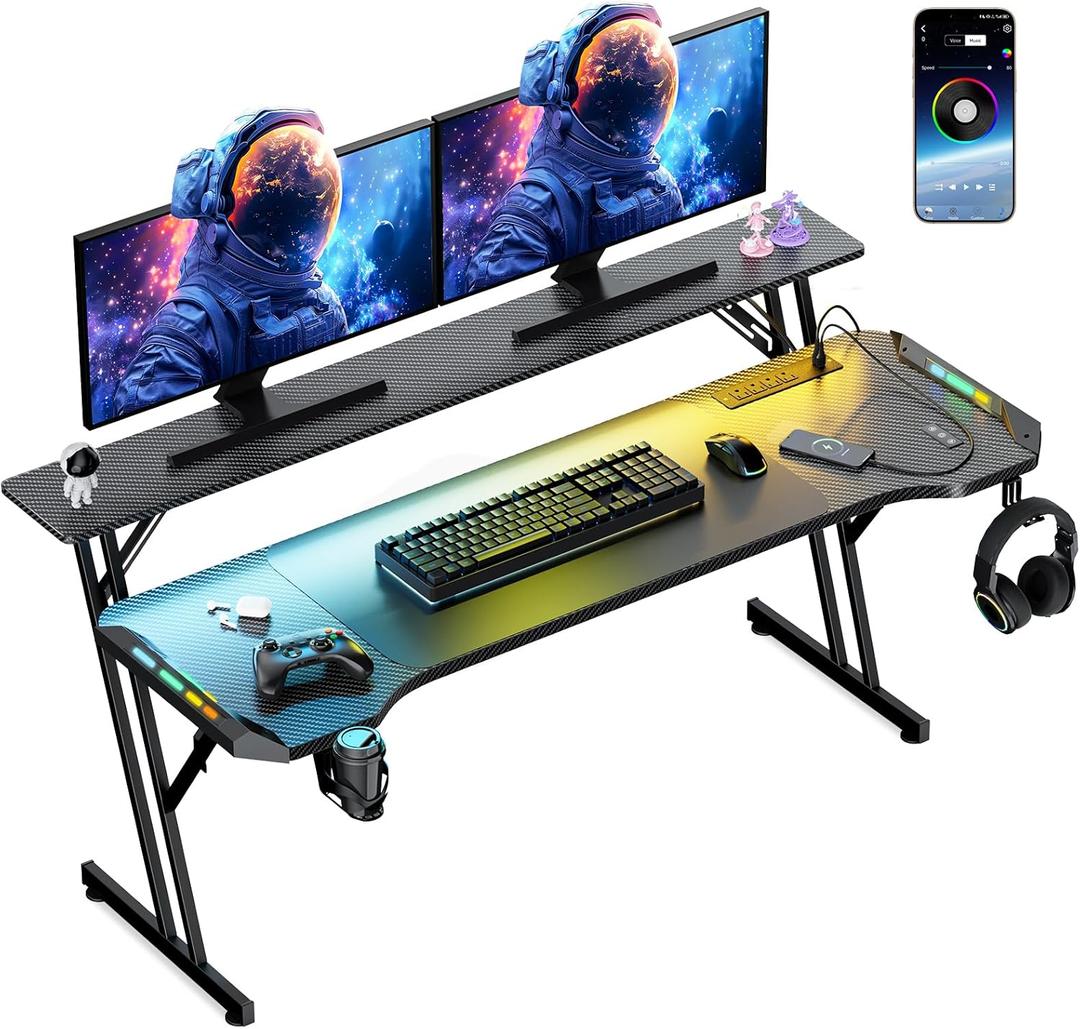 63 Inch Smart Gaming Desk, Gamer Computer Desk with Phone-Controlled LED Lights & Mouse Pad, Power Outlet, Monitor Stand, Side Hook, Ergonomic Work Desks for Home Office, Carbon Fiber Black