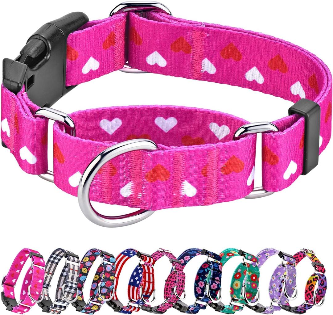 Hikiko Valentine's Day Dog Collar for Small Medium Large Dogs Adjustable Heart Martingale Collars with Quick Release Buckle (Pink Love,S)
