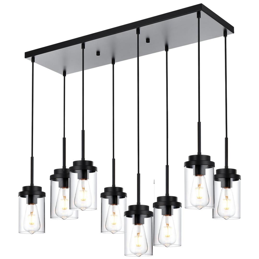 BONLICHT 8-Light Farmhouse Chandelier Light Fixture Black Clear Glass Dining Room Hanging Modern Pendant Lighting Over Table,Traditional Ceiling Lights for Kitchen Island Entryway