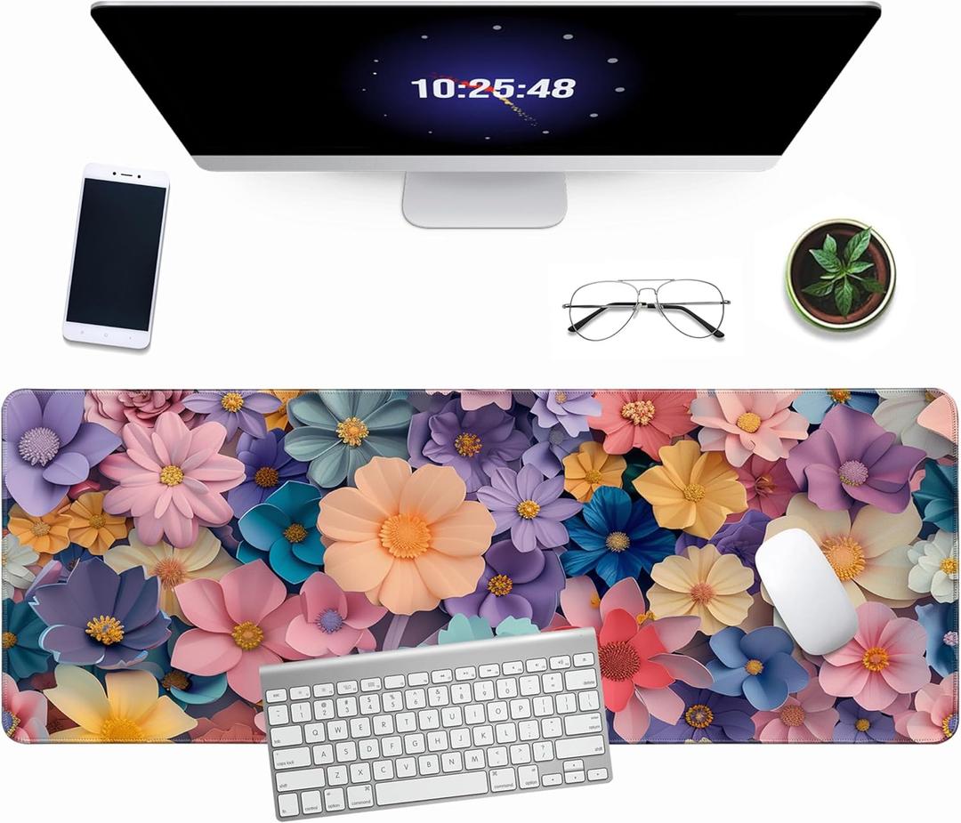 Flower Topics Mouse Pad 31.5 X 11.8 Inch Gaming Mousepad Keyboard Pad Large Non-Slip Rubber Base Mice Mat with Stitched Edges for Home Office Computer Desk Decor