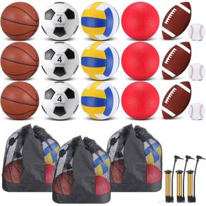 Leyndo 18 Pcs Multi Sport Balls Set for Kids,Official Size Soccer,Baseball,Basketball,Playground Ball,Football,Volleyball with Sport Equipment Bag Pump for Teens Adult Back to School (Maroon)