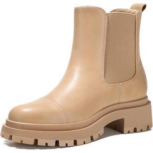 Bacia Chelsea Boots Women Lug Sole Ankle Boots Chunky Heel Slip On Booties (7, Apricot)