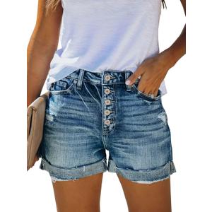 onlypuff Womens Jean Short Cut Off Denim Shorts High Waist Ripped Distressed Stretchy (Blue, M)