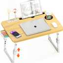 Laptop Bed Desk Height Adjustable, Bed Laptop Table with USB/Storage Drawer/Cup Holder/Tablet Stand/Book Shelf, Foldable Breakfast Tray Portable for Reading Writing, Bed, Sofa & Floor, Wood