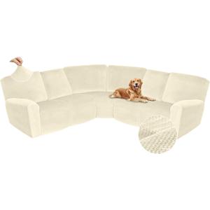 Arfntevss Sectional Recliner Couch Covers Velvet Corner Sectional Sofa Cover for Reclining Couch Stretch Soft L Shape Recliner Slipcover Thick U Shaped Washable Protector (5 Seat Cover, Beige)