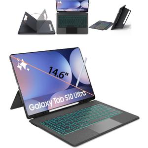 for Samsung Galaxy Tab S10 Ultra Keyboard Case 14.6", S Pen Holder, 7 Color Backlit Keyboard with Trackpad Detachable Sleeve Cover with Adjustable Viewing Angle Stand for Tablet S9 Ultra