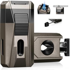 All-in-one Torch Lighter with Built-in Cutter, Holder, Draw Enhancer Tool, Dual Jet Flames Adjustable, Gifts for Men, Multifunctional Accessories, Refillable Butane Lighters for Travel, Outdoors (Coffee Gray)