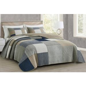 Chezmoi Collection Addy 3-Piece Navy Blue White Gray Taupe Plaid Patchwork Quilt Set - Pre-Washed Cotton Quiltd Lightweight Reversible Bedspread for All Seasons, Oversized King Size