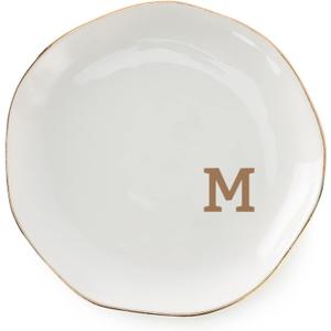 Initials Ring Dish Jewery Tray with Personalized M-Monogrammed Mother's Day Gifts Wedding Engagement for Women Friends sister,Ceramic White