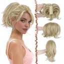 FESHFEN Claw Clip Dirty Blonde Short Ponytail Extensions - DIY Bendable Metals Fluffy Messy Bun Hair Piece Straight Synthetic Hairpieces Ponytail Extension for Women