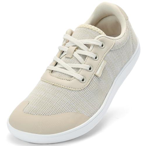 Barefoot Wide Toe Box Shoes for Women - Lace Up Minimalist Width Sneakers Comfort Wear with Zero Drop Sole for Walking Tennis Yoga Workout Nurse Office Work Beige Size 9.5/41