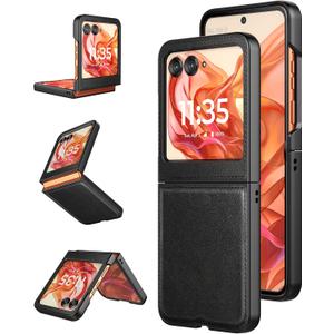 Foluu for Motorola Razr 2024/2025 Case, Leather + Hard PC Shell Ultra Thin Slim Durable Protective Phone Case Cover (Black)