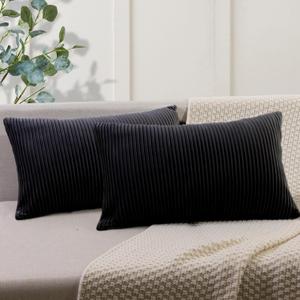 YCOLL Black 12x20 Pillow Cover Set of 2 Velvet Striped Pattern - Soft Throw Pillows for Home Decor, Luxury Decorative Pillow Covers for Couch, Bed,Living Room