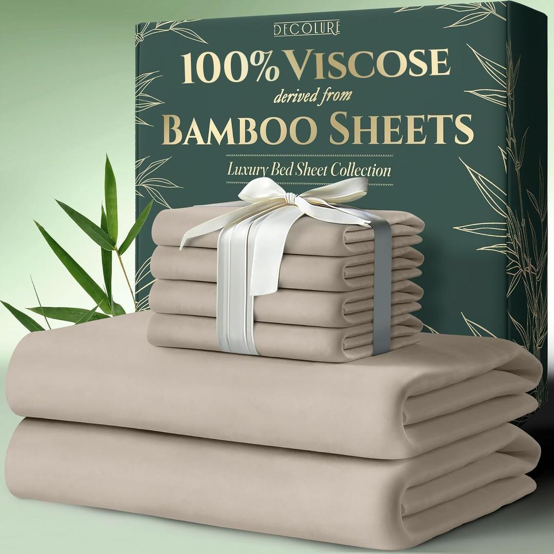 DECOLURE 100% Viscose Derived from Bamboo Sheets King Size 6pcs - Ultra Soft & Luxuriously Cooling, 17" Deep Pocket, Double Stitching, Perfect for Hot Sleepers - King Bed Sheets (Taupe)