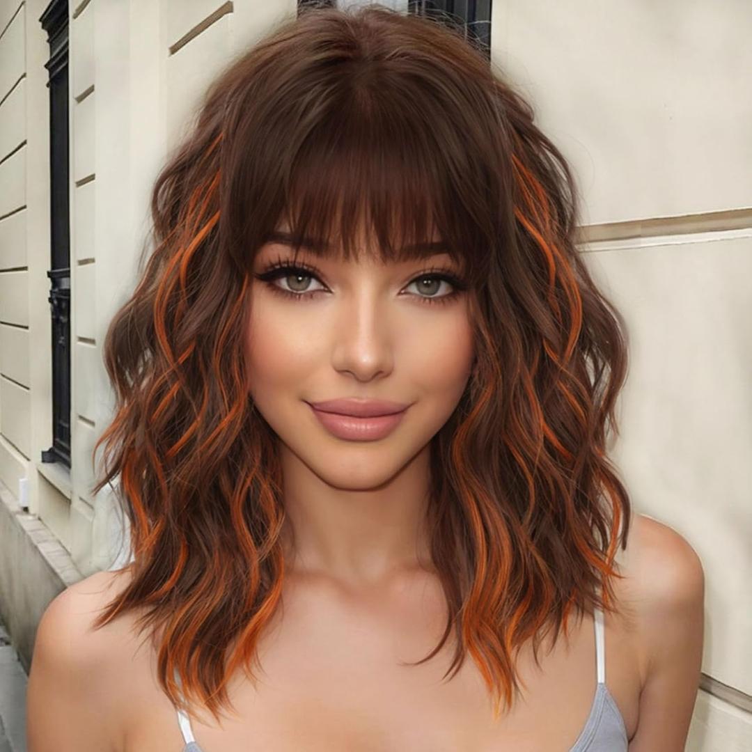 AISI HAIR Ginger and Brown Synthetic Wavy Curly Bob Wig with Bangs Short Wavy Hair for Women Synthetic Heat Resistant Bob Wigs