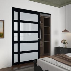 BARNSMITH 72x80 Sliding Closet Door, 5-Panels Preassembled Frosted Glass Door Panel with Hardware Kits & Matching Fascia, MDF Covered with Water-Proof & Anti-Scratch PVC Surface, Black