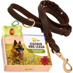 ADITYNA Double Handle Leather Dog Leash 6ft - Heavy Duty Braided Leash with Traffic Handle - Lead for Training and Walking Large & Medium Dogs (Two Handles 6 foot x 3/4", Brown)