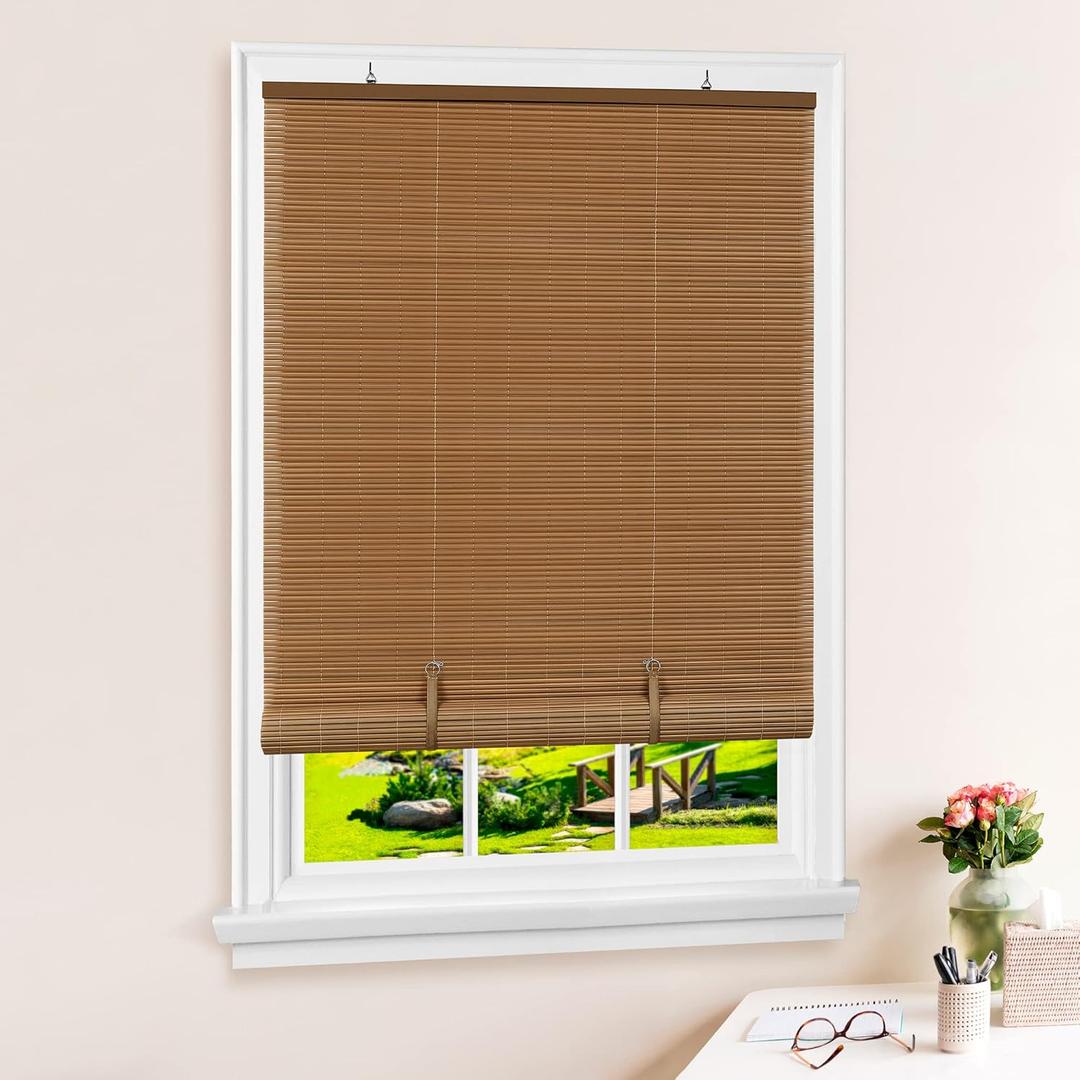 Cordless Solstice Vinyl Roll-Up Blind - 30 Inch Width, 72 Inch Length, Quarter Inch Vinyl Slats - Woodtone - Soft Light Filtering Horizontal Windows Blinds for Indoor & Ourdoor by Achim Home Decor