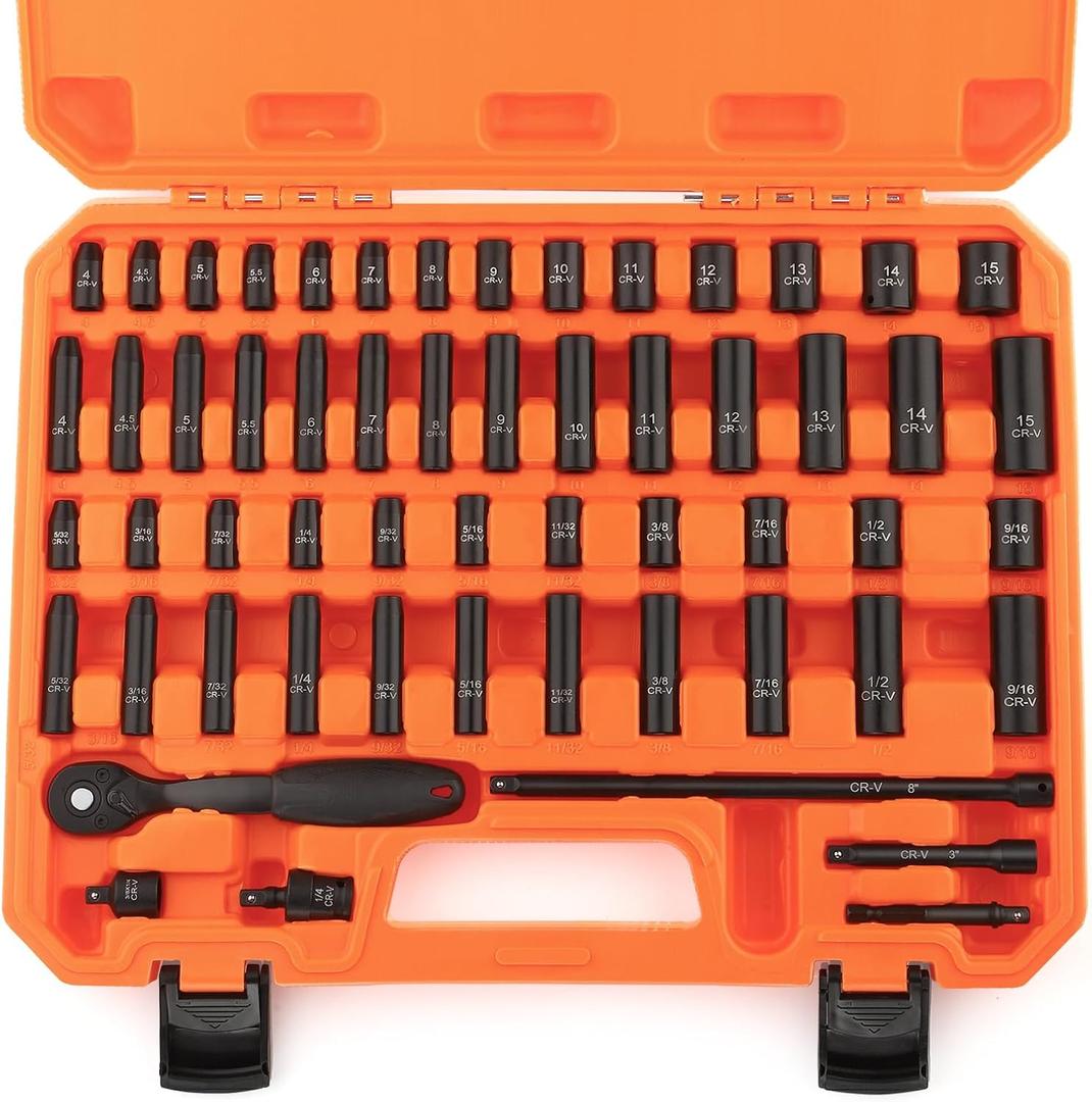 1/4" Drive Impact 56-Piece Socket Set, Standard SAE (5/32 to 9/16 inch) & Metric (4-15mm), 6 Points, CR-V, 1/4-Inch Drive Ratchet Handle, Drive Extension Bar & Impact Universal Joint with Case