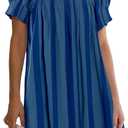 Women Summer Mini Dress Casual Puff Short Sleeve Square Neck Flowy Ruffle A Line Smocked Short Beach Dresses Pockets (Medium, Blue)