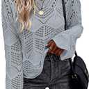 Allimy Womens Fashion Long Sleeve Hollow Out Crochet Crewneck Pointelle Knitted Top Blouses Pullovers Light Grey XXL