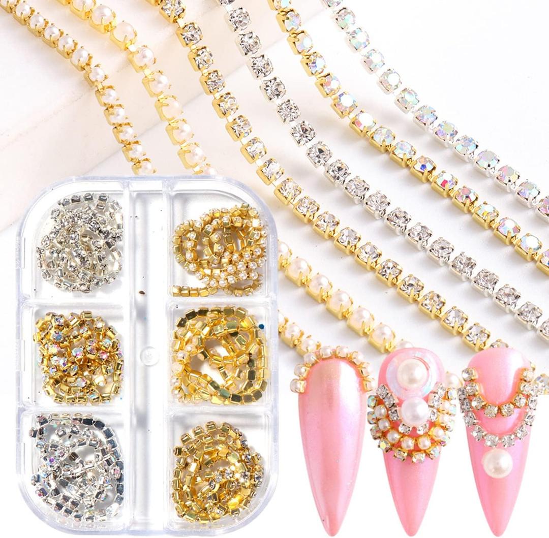 2 x Metal Nail Art Chains Decorations, Gold Silver Nail Art Line Accessories, Punk Luxury Pearl Gem Nail Art Glitter Design, 3D Nail Art Chain Supplies for Women Manicure Art, Resin Nail Art Tips Tools