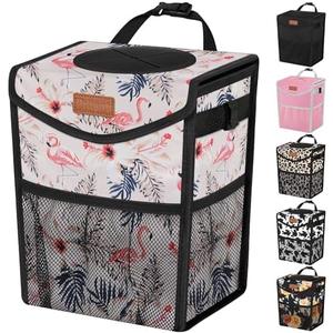 Pritent Car Trash Can with Lid, Cute Leakproof Car Trash Garbage Bag Hanging Vehicle Trash Bin Small Portable Automotive Garbage Cans Organizer for Back/Front Seat(Trapezoid,Flamingo Print