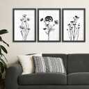 TQianJiang Flower Plant Wall Decor 16"x11" Black And White Botanical Painting Wood Framed Set of 3 Bedroom Office Abstract Wildflower Sign Hanging Art (Black)