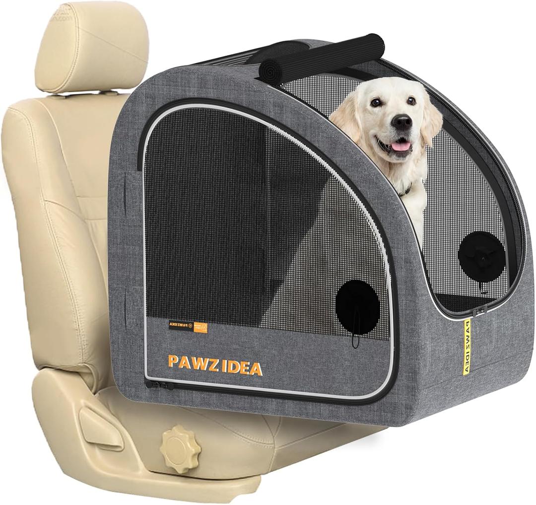 PAWZIDEA Collapsible Dog Travel Crate, Portable Pet Crate for Car, Soft-Sided Dog Kennel for Medium Large Dogs, Pop-Up Metal Frame, Seatbelt & Headrest Strap, Foldable Pet Car Seat Carrier for Outdoor (Mid-Hemp Grey, Portable)