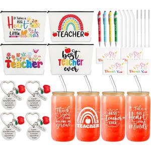 ZOIIWA 28Pcs Teacher Appreciation Gifts Set with Glass Cup Keychains Zipper Bag Pen Greeting Card for Men Women Birthday Thank You Graduation Retirement Gifts Bulk from Students