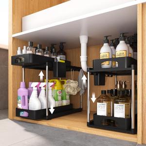 2 Tier Adjustable Height Under Sink Organizer, Pull Out Under Cabinet Bathroom Organizers and Storage, 2 Pack Under Kitchen Sink Storage with Double Sliding Drawers, Black