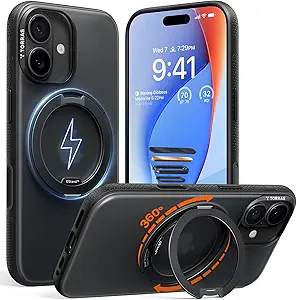 TORRAS 360 Magnetic Stand for iPhone 17 Case, [Rotatable Sturdy Kickstand][Fit for MagSafe][4X MilGrade Shockproof] Slim Translucent Phone Cover, Camera Button, Obsidian Black, Ostand O3 Fitness