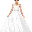 Flower Girls Satin Rhinestone Pageant Dresses Princess A Line Floor Length Formal Wedding Party Communion Gowns, 8, White