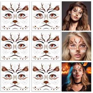 HOWAF 6 Sheets Halloween Deer Full Face Tattoos, Reindeer Face Stickers for Adults Man or Women Halloween Deer Costume Accessories, Elk Face Decals Fawn Horn Temporary Tattoos