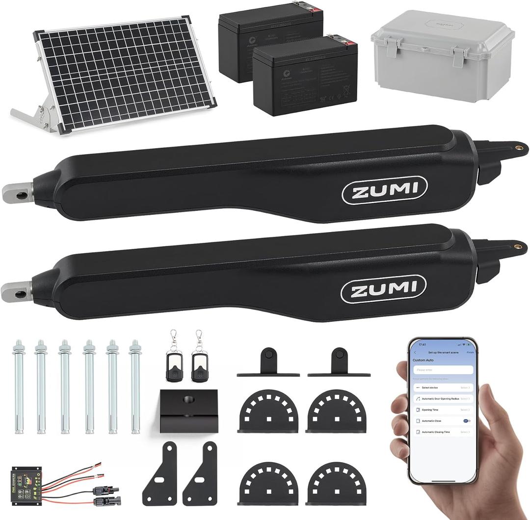 ZUMI Automatic Solar Gate Opener for Dual Swing Gates, App Control Swing Gate Opener for Gates up to 900lb 20ft, Electric Gate Opener with Remotes, Smart Gate Opening System for Home Driveway Garden