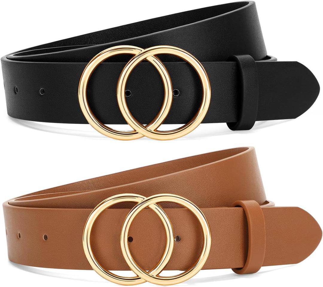 SANSTHS 2 Pack Women Leather Belts Faux Leather Jeans Belt with Double O Ring Buckle (S: Fit Waist Size 32"-37")