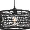 HOONEX Rattan Chandelier, Rattan Light Fixtures Ceiling, 14" Wicker Pendant Light for Dining Room Bedroom Kitchen Island, Black