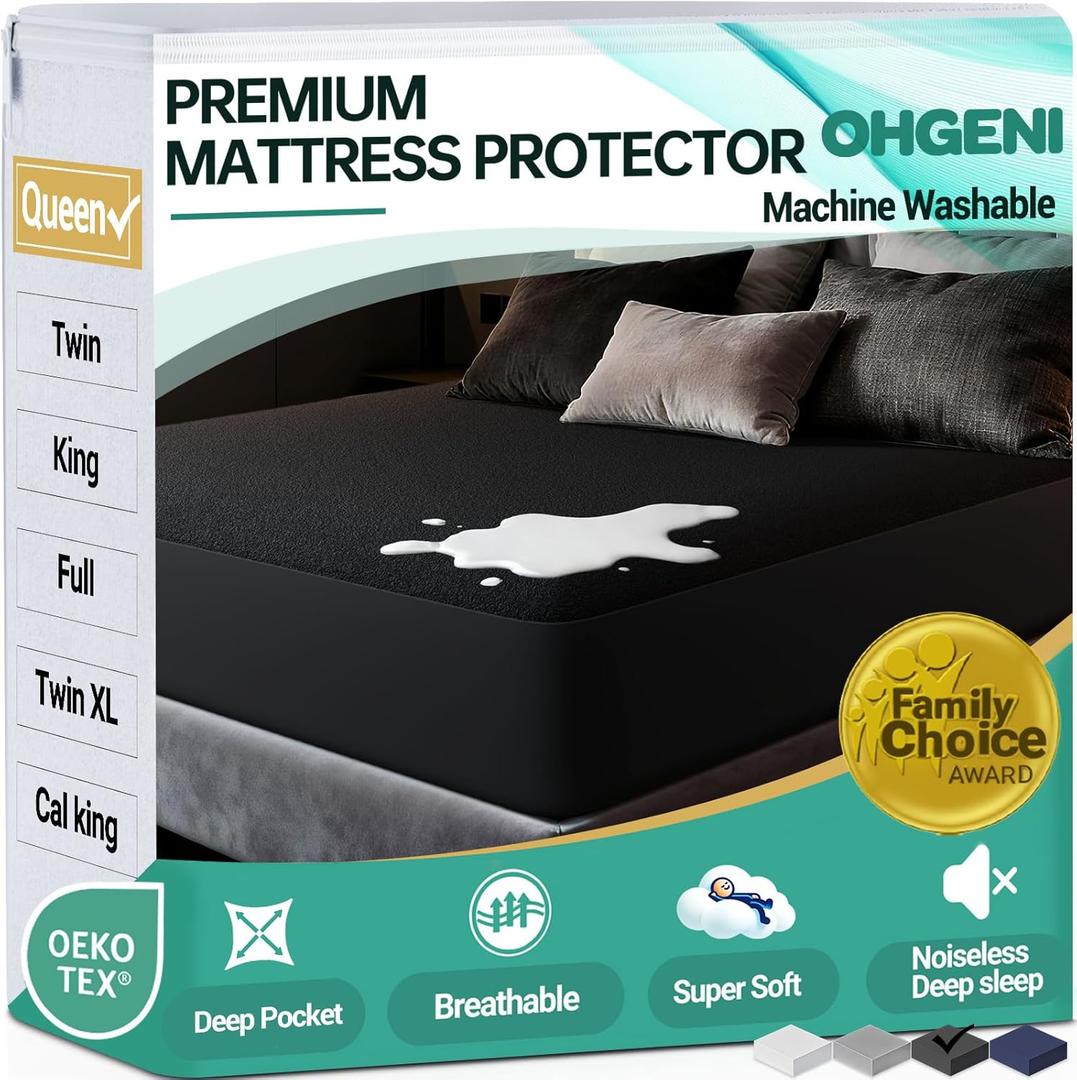 OhGeni 100% Waterproof Mattress Protector, Queen Black Size, Fitted Sheet with Deep Pockets, 6''-18'', Premium Noiseless Breathable Soft Material, Mattresses Cover for Bed