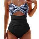 Tempt Me Women Black Plaid Sexy Cutout One Piece Swimsuits Tummy Control High Waisted Halter Front Tie Knot Bathing Suit M